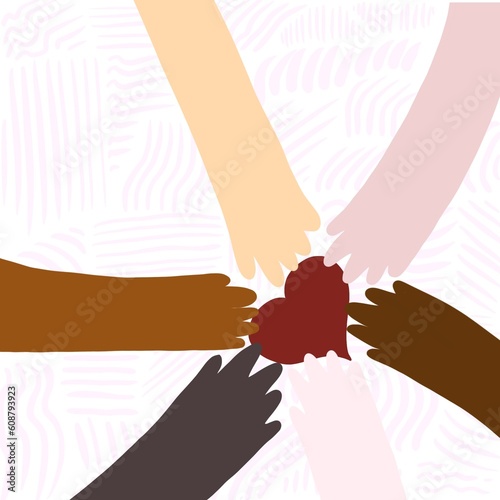 Mani di colori diverse che si uniscono, pace tra le nazioni e i popoli, fratellanza universale, colori diversi della pelle, razzismo, fratellanza, culture, illustrazione simbolo, armonia tra razze photo