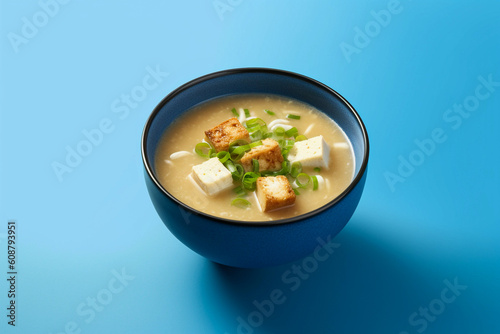 traditional japanese miso soup with tofu and welsh onions, isolated on a blue background, created with generative ai photo