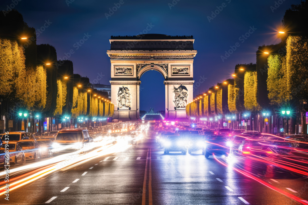 Fototapeta premium Paris Avenue Champs Elysees car light trails & floodlit Arch de Triumph