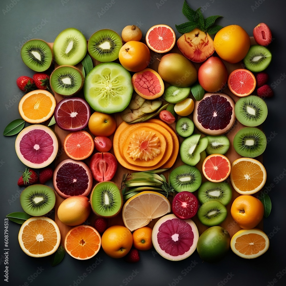 fruits and vegetables on black. Generative AI fruits and vegetables on black. Generative AI