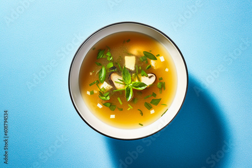 bowl of traditional japanese miso soup with tofu, isolated on a blue background, created with generative ai photo