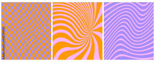 PrintSimple Twisted Checker Board Vector Layouts. Vintage 70s Style Geometric Print. Check Board and Twisted Lines Isolated on a Violet, Orange and Violet  Background. Psychedelic Design. RGB Colors. photo