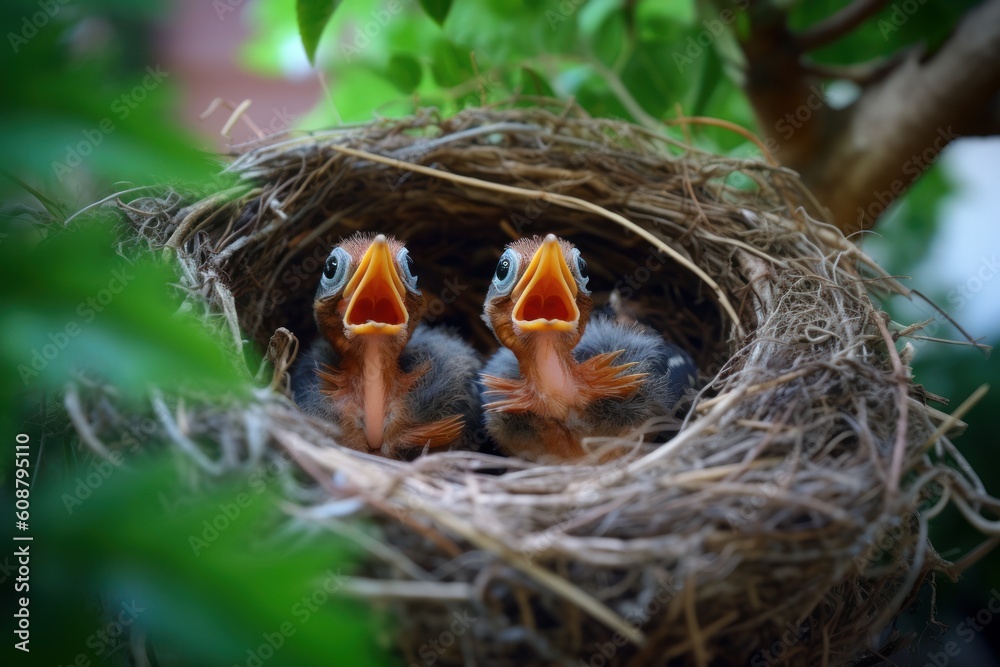 Three hungry baby Robins in a nest wanting the mother bird. Generative AI