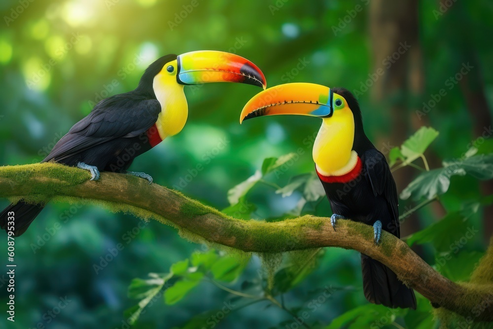 Fototapeta premium Toucan sitting on the branch in the forest green vegetation. Generative AI