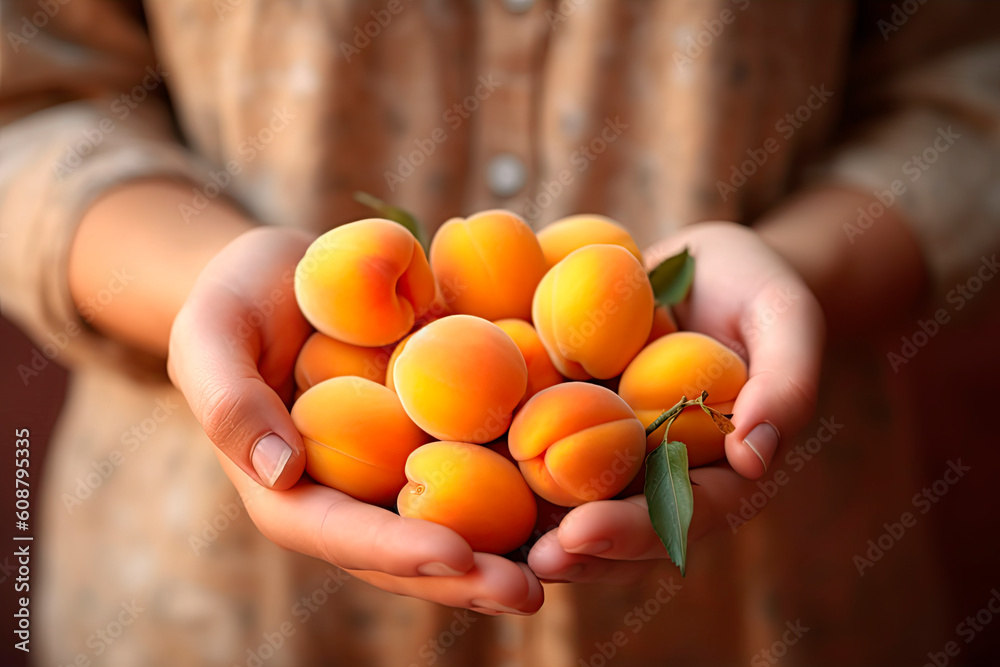 Female hands hold an apricot on a sunny background. Close-up. Generative AI Female hands hold an apricot on a sunny background. Close-up. Generative AI