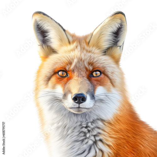 a Beautiful Red Fox Portrait, sly and crafty, fluffy, Wildlife-themed, photorealistic illustrations in a PNG, cutout, and isolated. Generative AI