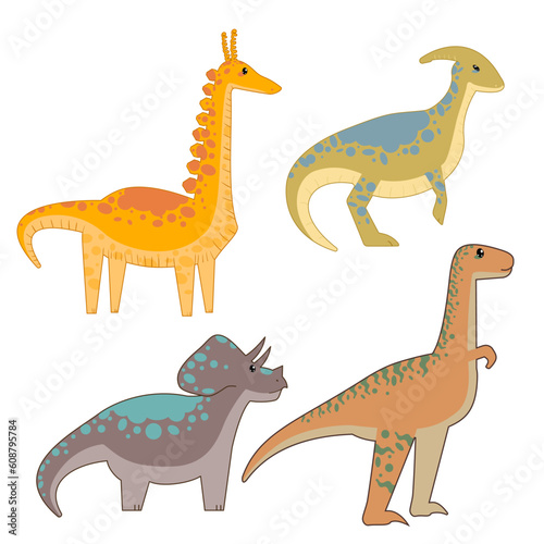 Set of flat, childish, cartoon style image of funny, cute talking tyrannosaurus rex, triceratops  and parasaurolophus