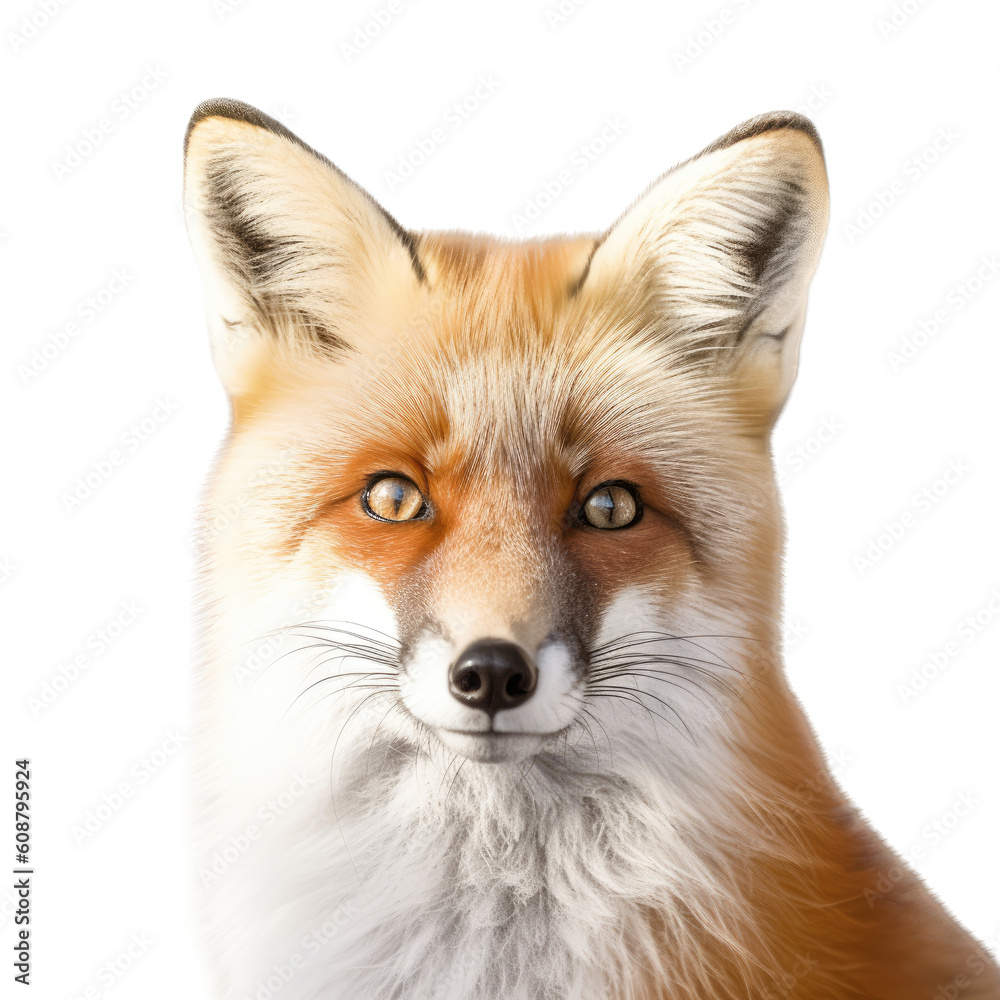 a Beautiful Red Fox Portrait, sly and crafty, fluffy, Wildlife-themed, photorealistic illustrations in a PNG, cutout, and isolated. Generative AI