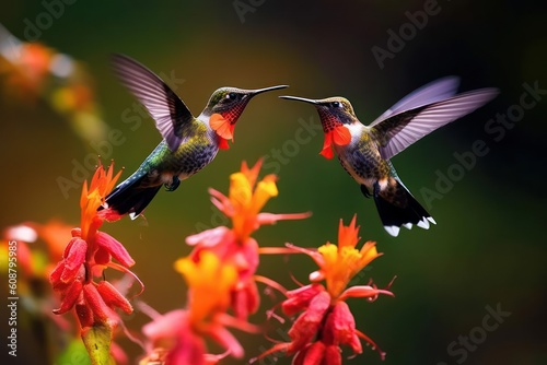 Two hummingbirds with pink flower. Generative AI