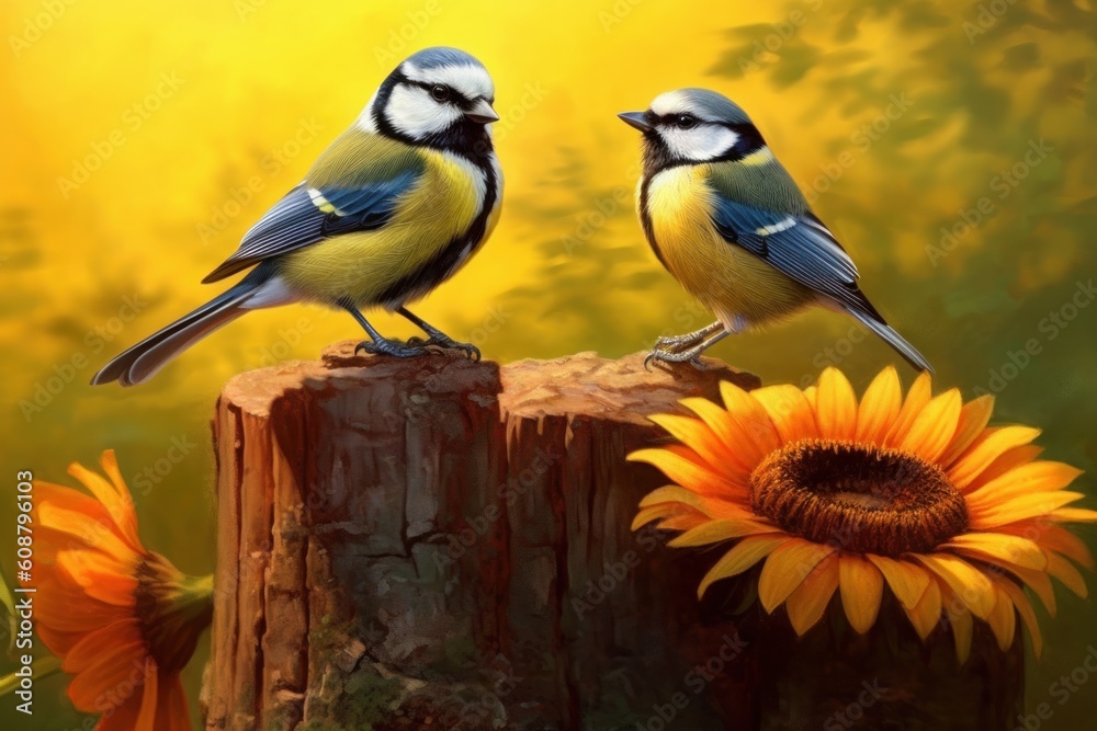 Two little birds perching on the tree stump with sunflower. Generative AI