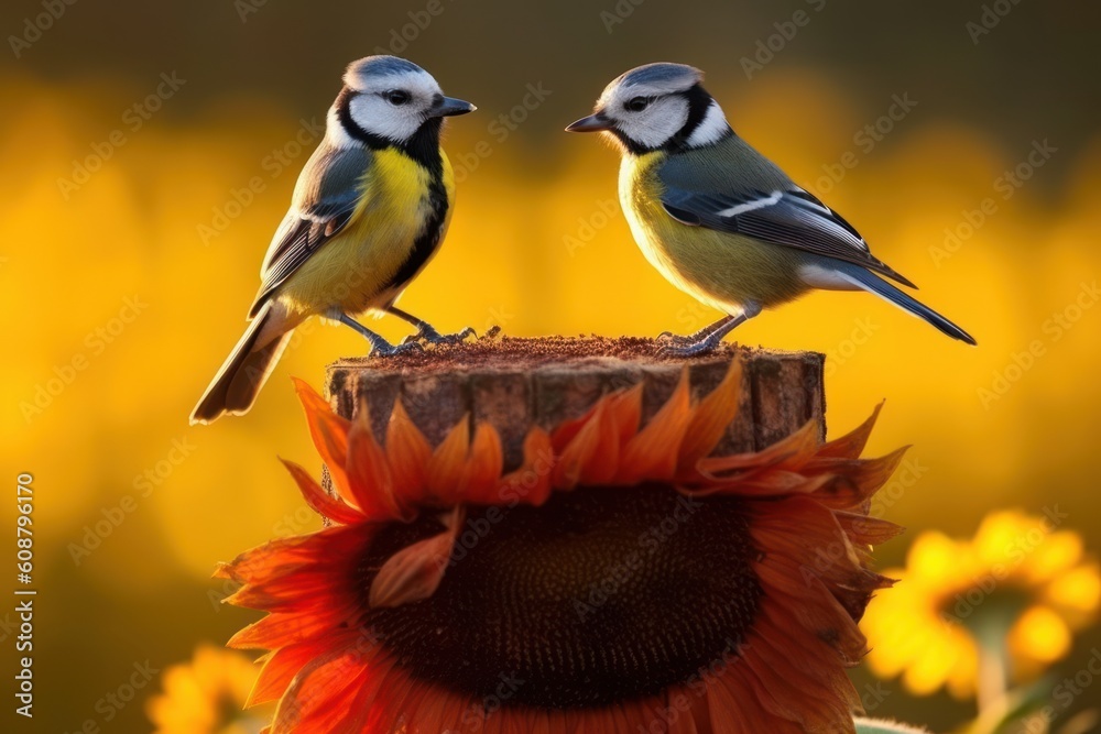 Obraz premium Two little birds perching on the tree stump with sunflower. Generative AI