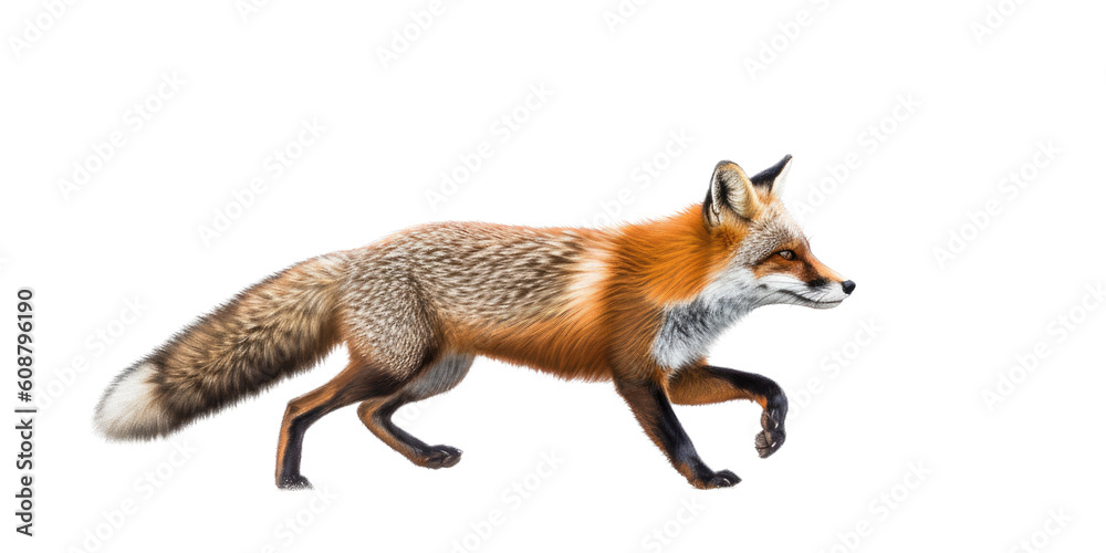 a Beautiful Red Fox, walking/trotting, sly and crafty, fluffy, Wildlife-themed, photorealistic illustrations in a PNG, cutout, and isolated. Generative AI a Beautiful Red Fox, walking/trotting, sly and crafty, fluffy, Wildlife-themed, photorealistic illustrations in a PNG, cutout, and isolated. Generative AI