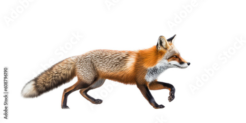  a Beautiful Red Fox, walking/trotting, sly and crafty, fluffy, Wildlife-themed, photorealistic illustrations in a PNG, cutout, and isolated. Generative AI