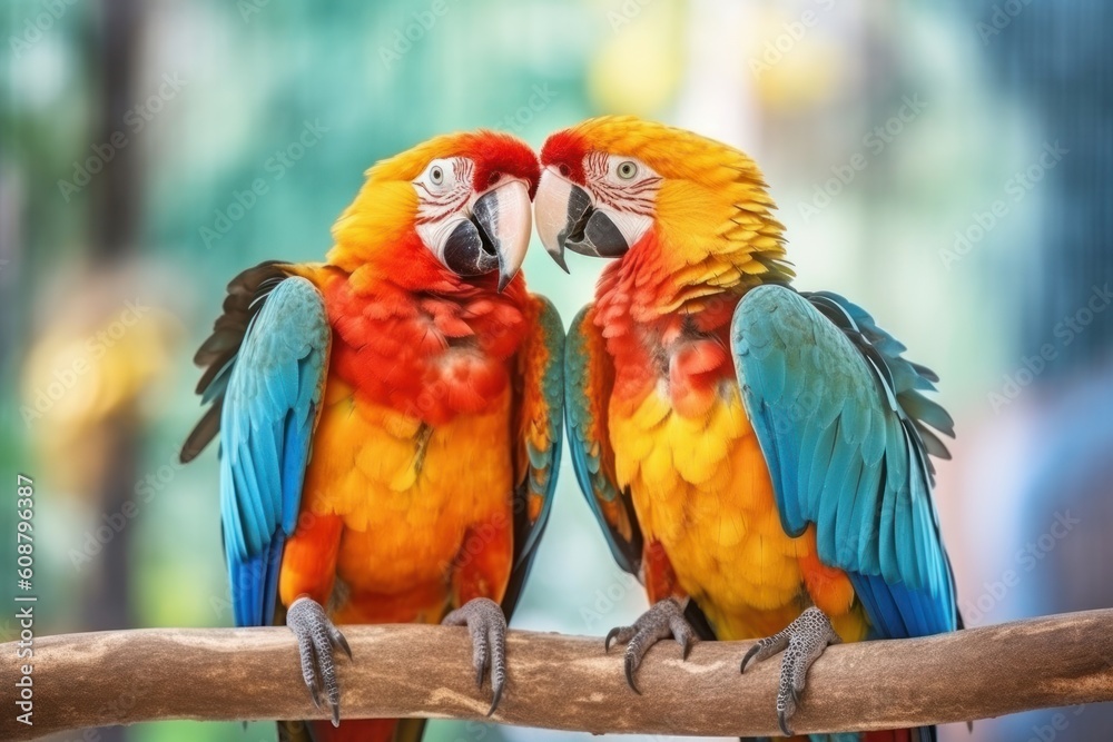 Two vivid and colorful Ara Parrot birds sitting together. Generative AI