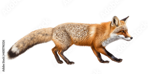 a Beautiful Red Fox, walking/trotting, sly and crafty, fluffy, Wildlife-themed, photorealistic illustrations in a PNG, cutout, and isolated. Generative AI