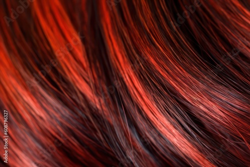 Red color shades on brown hair, fashion hairstyle. Bright color Hair texture background closeup. Generative AI 