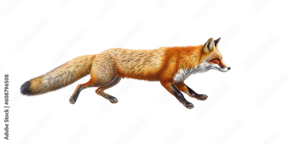 a Beautiful Red Fox, walking/trotting, sly and crafty, fluffy, Wildlife-themed, photorealistic illustrations in a PNG, cutout, and isolated. Generative AI a Beautiful Red Fox, walking/trotting, sly and crafty, fluffy, Wildlife-themed, photorealistic illustrations in a PNG, cutout, and isolated. Generative AI