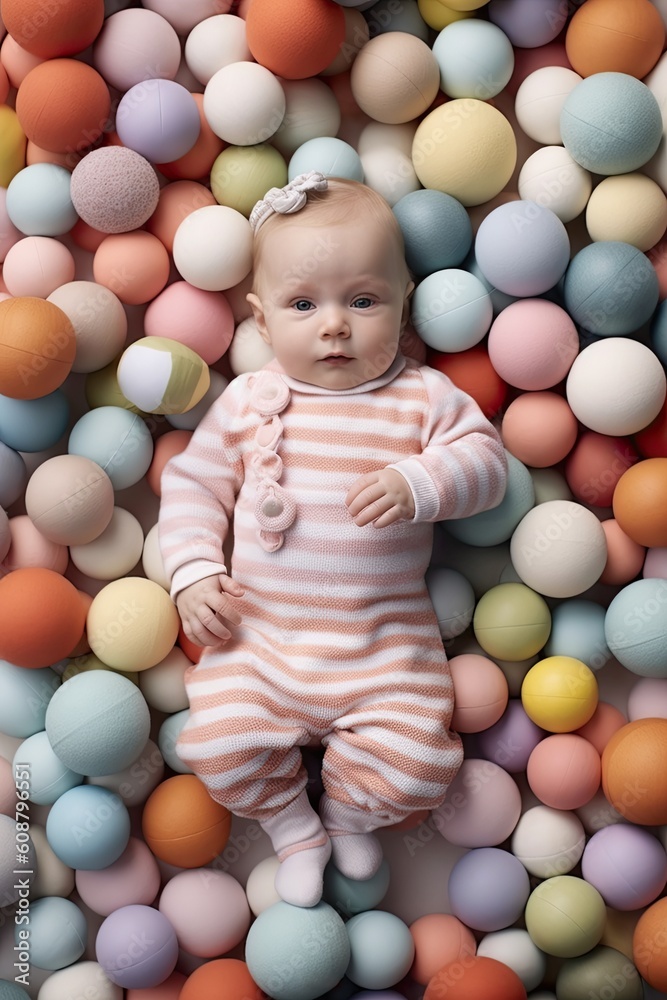 Baby in a colorful pastel spheres. Toys, gentle soft. Generated AI. Baby in a colorful pastel spheres. Toys, gentle soft. Generated AI.