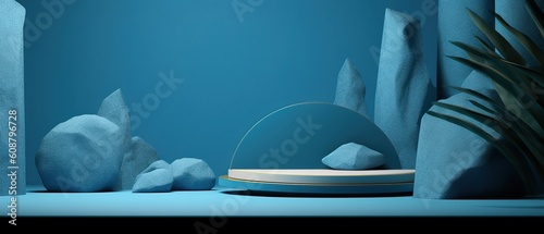 blue geometric Stone and Rock shape background, minimalist mockup for podium display or showcase, 3d rendering