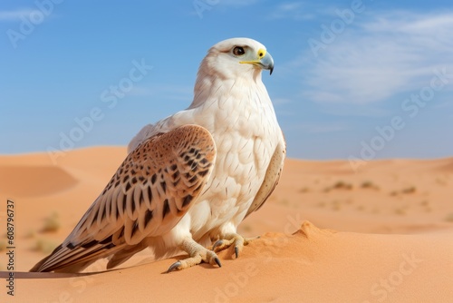 White and Beige Falcon sitting in the desert. Generative AI