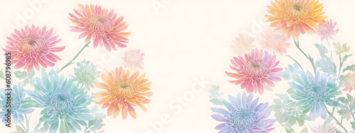 Watercolor drawing with chrysanthemums and leaves. Mother's Day card. Floral pattern for wallpaper or fabric. Templates for design, botanical illustration in watercolor style. Generative AI © 360VP