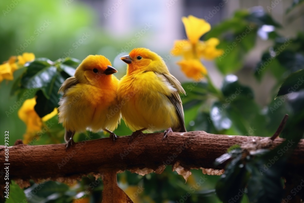 Yellow Birds Perching In The Garden. Generative AI