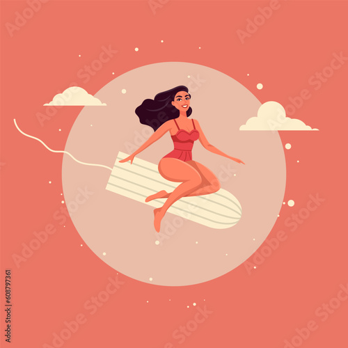 Vector Flat Women Riding Tampon on Pink Background. Attractive Beautiful Girl Sitting, Flying on a Tampon. Feminine Menstrual Cycle Design. Menstruation Womens Health Concept Banner. Female Hygiene