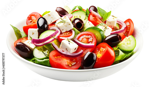Greek salad in plate isolated on transparent background. PNG format photo