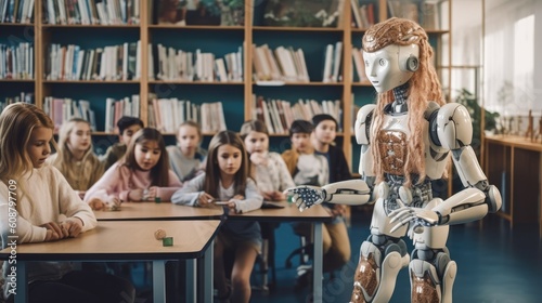 Teacher robot in the classroom with students. Ai Generative.