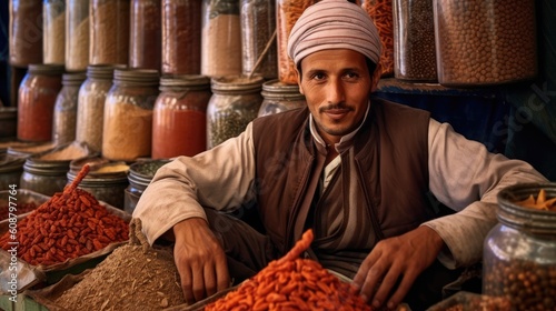 Young arab man smiling and selling spices in the street market, Ai Generative.