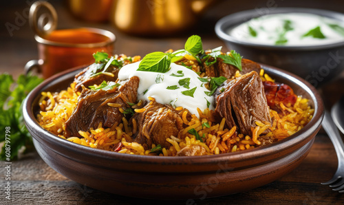 Chicken biryani Spicy Indian Malabar biryani Hyderabadi biryani, Dum Biriyani pulao golden bowl