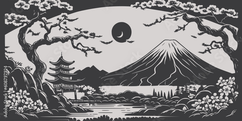 VIntage retro engraving style  Japan Asian juji mountain with trees nature wild landscape. Background outdoor adventure vibe. Graphic Art Vector