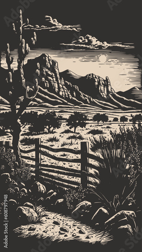 Mountain desert texas background landscape. Wild west western adventure explore inspirational vibe. Graphic Art. Engraving Vector. Illustration.