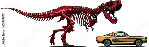 vector illustration of skeleton dinousaur chase car photo