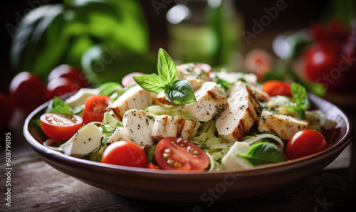 Fresh salad with chicken breast  arugula avocado  and tomato