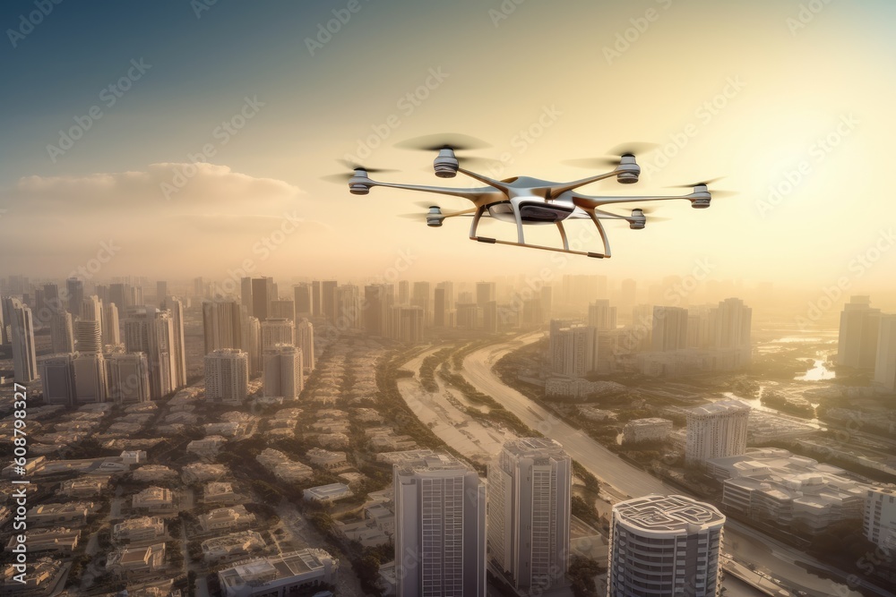 Beauty and atmosphere of unmanned drone deliveries. Generative AI Beauty and atmosphere of unmanned drone deliveries. Generative AI