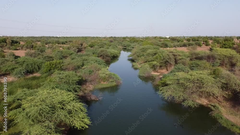 drone view of the Indian village river with bird and bridge stock footage drone view of the Indian village river with bird and bridge stock footage