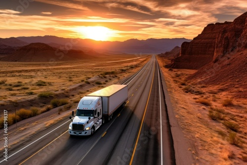 Majestic scene capturing a transport semi-truck effortlessly crossing the expansive terrain of the southwest United States, a representation of logistics, freight, and delivery, generative ai