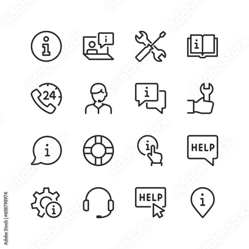 Information support, linear style icons set. Useful information, advice on an issue. Source of knowledge, experience. Willingness to help. Editable stroke width