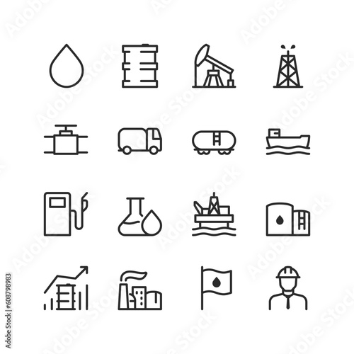 Oil and oil production, linear style icons set. Petroleum extraction industry. Extracting crude oil. Oil exploration, drilling, transportation, and refining. Editable stroke width