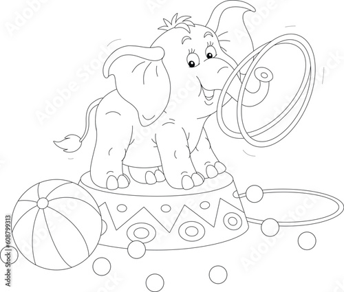 Funny baby elephant on a decorated pedestal performing tricks with rings and balls in a merry circus show, black and white outline vector cartoon illustration for a coloring book