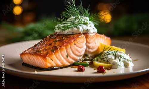 One piece of baked salmon grilled pepper lemon and salt on a brown plate with lettuce leaves