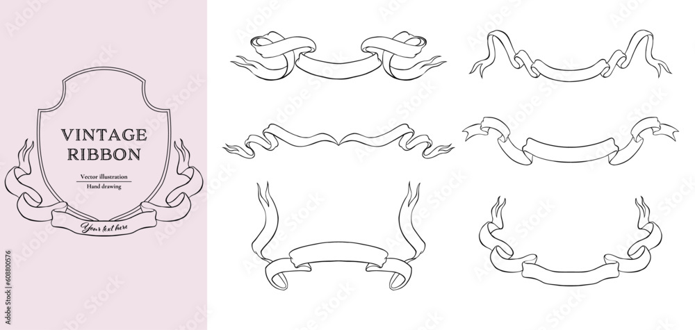 Black line vintage ribbons vector illustration set. Hand drawn line art for wedding design.