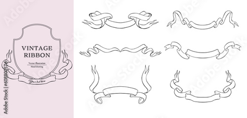 Black line vintage ribbons vector illustration set. Hand drawn line art for wedding design.