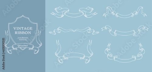 White line vintage ribbons vector illustration set. Hand drawn line art for wedding design.