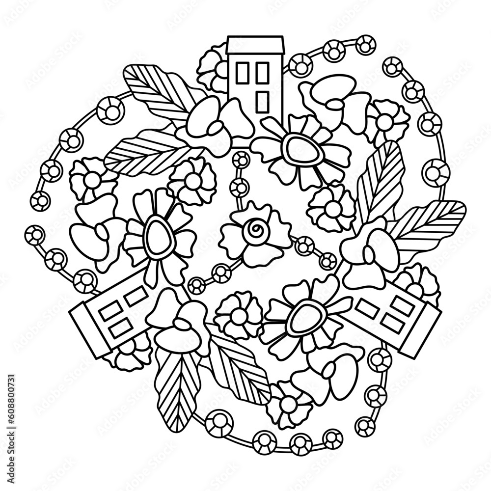 Houses and flowers. Coloring book page. Mandala. Vector illustration