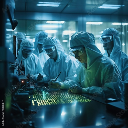 Group of engineers working at microchip production