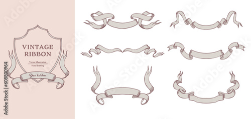 Vintage style ribbon's vector illustration set. Hand drawn line art for wedding design.