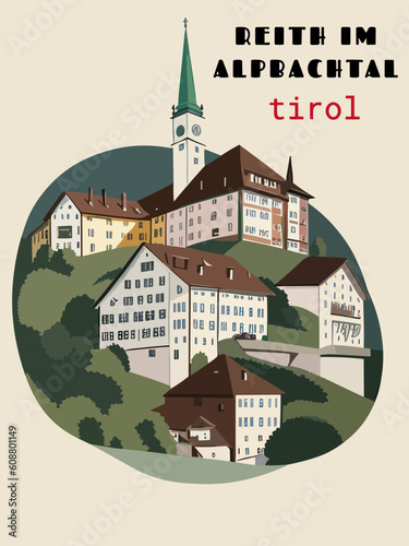 Reith im Alpbachtal: Beautiful vintage-styled poster with an Austrian cityscape with the name Reith im Alpbachtal in Tirol