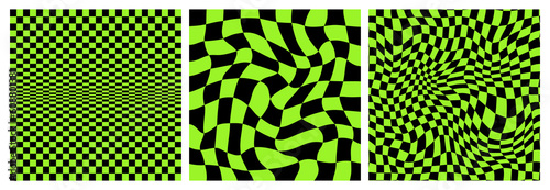 Warp Checkerboard Seamless Patterns Set. Vector Psychedelic Checker Grid Background. Black and Green Waved Bg with Squares. Abstract Geometric Texture